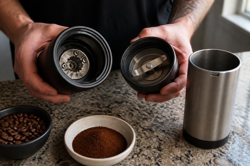 Close-up of a home barista's hands holding an open burr grinder next to a blade grinder on a kitchen counter, with whole coffee beans and a small bowl of ground coffee visible, natural morning light