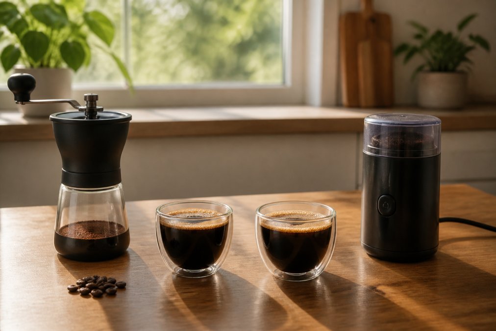 Two cups of coffee next to a hand burr grinder and a blade grinder on a sunny kitchen counter