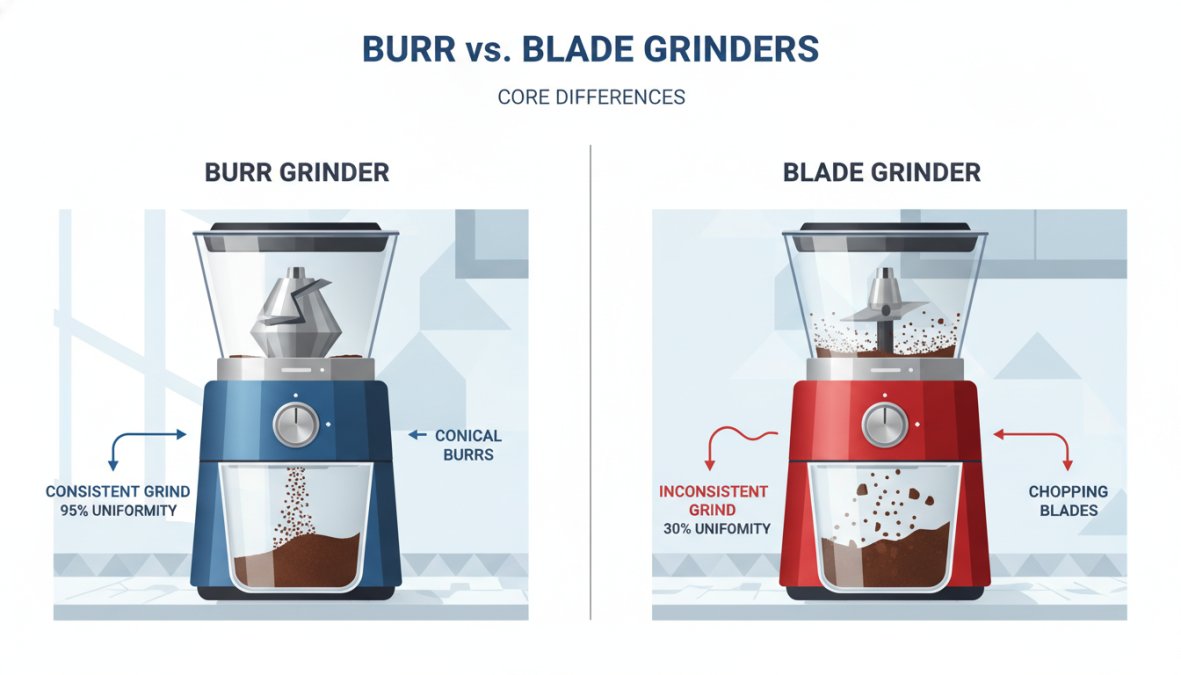 Close-up shot of two coffee grinders side by side on a kitchen counter, one with the hopper removed to reveal internal conical burrs and fresh coffee grounds, the other showing a spinning blade mechanism with unevenly ground coffee visible, natural window lighting