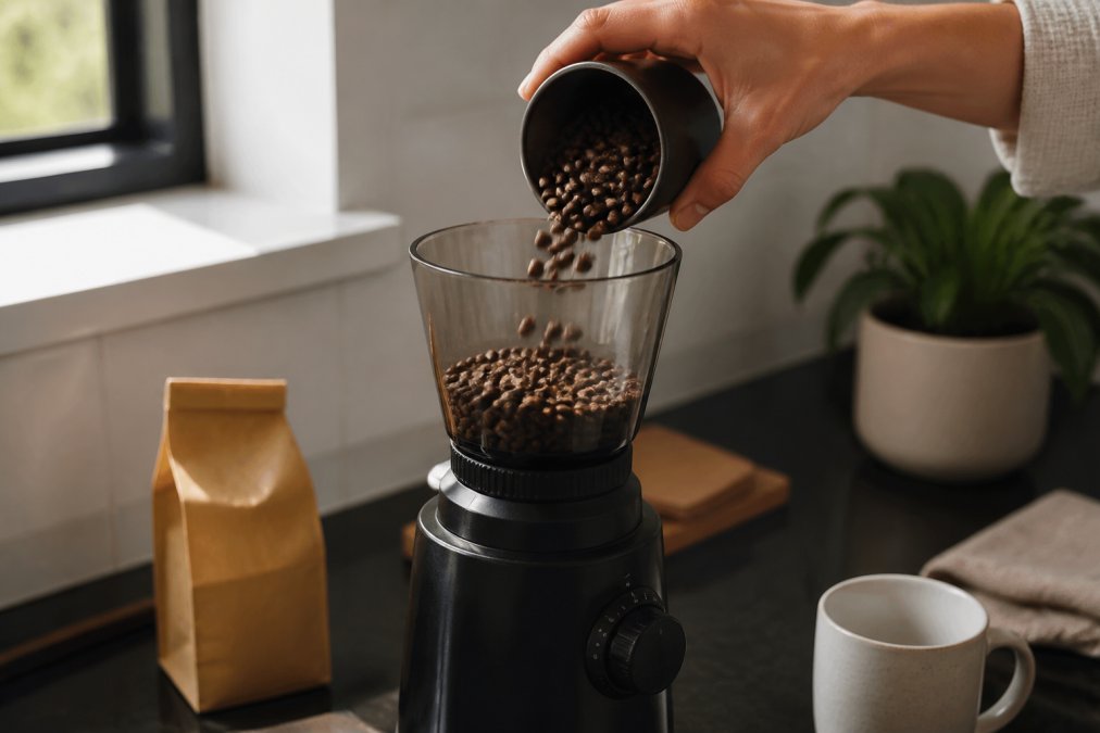 Close-up of a hand pouring whole coffee beans into a burr grinder hopper on a kitchen counter, with a bag of specialty beans and a mug nearby in soft morning light