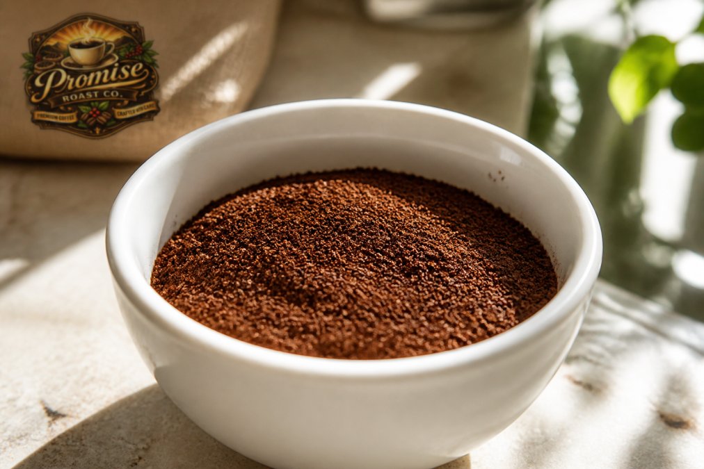 Close-up of freshly ground coffee from a burr grinder showing uniform, consistent particle size in a white ceramic cup with natural morning light streaming across the counter