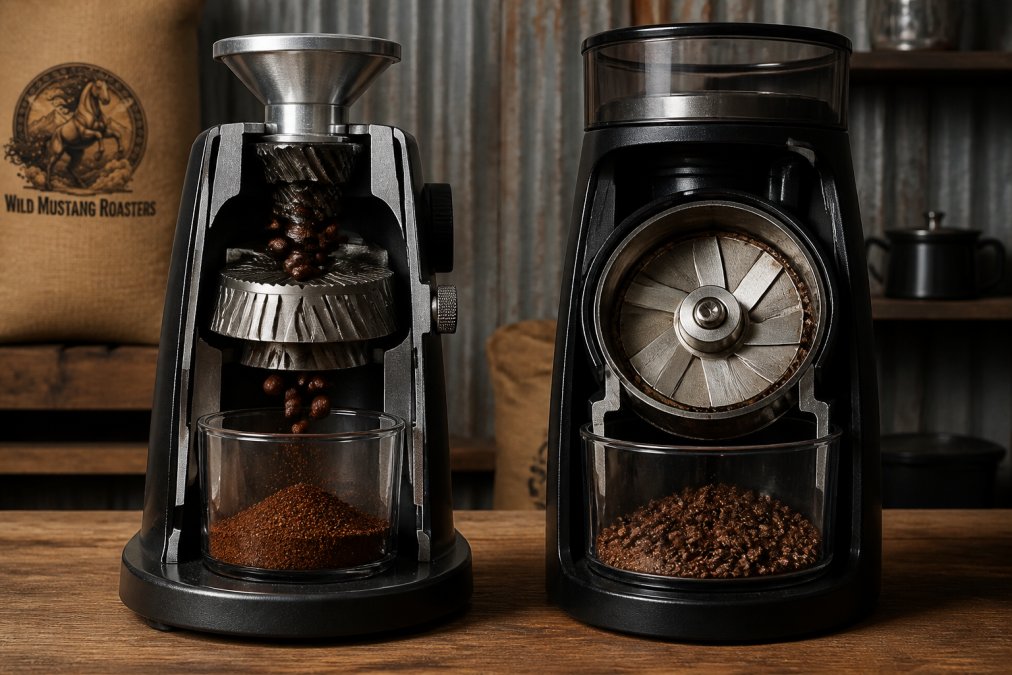 Close-up of conical burr mechanism with whole coffee beans falling between burrs and finely ground coffee particles visible in collection chamber