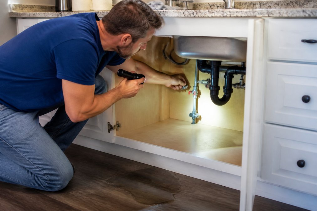 A homeowner in casual clothes kneeling beside a kitchen sink cabinet, one hand on the emergency shut-off valve under the sink, the other holding a flashlight, with a small puddle of water on the floor nearby
