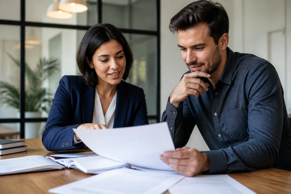 Professional buyer's agent reviewing property documents and market appraisals at a desk with a client, both examining paperwork together in a modern office setting