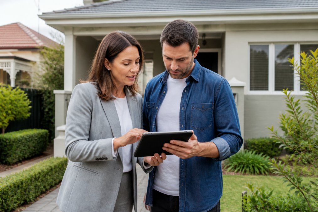 Buyer's agent and client reviewing property details on a tablet while standing in front of a residential property, both focused and engaged in professional discussion