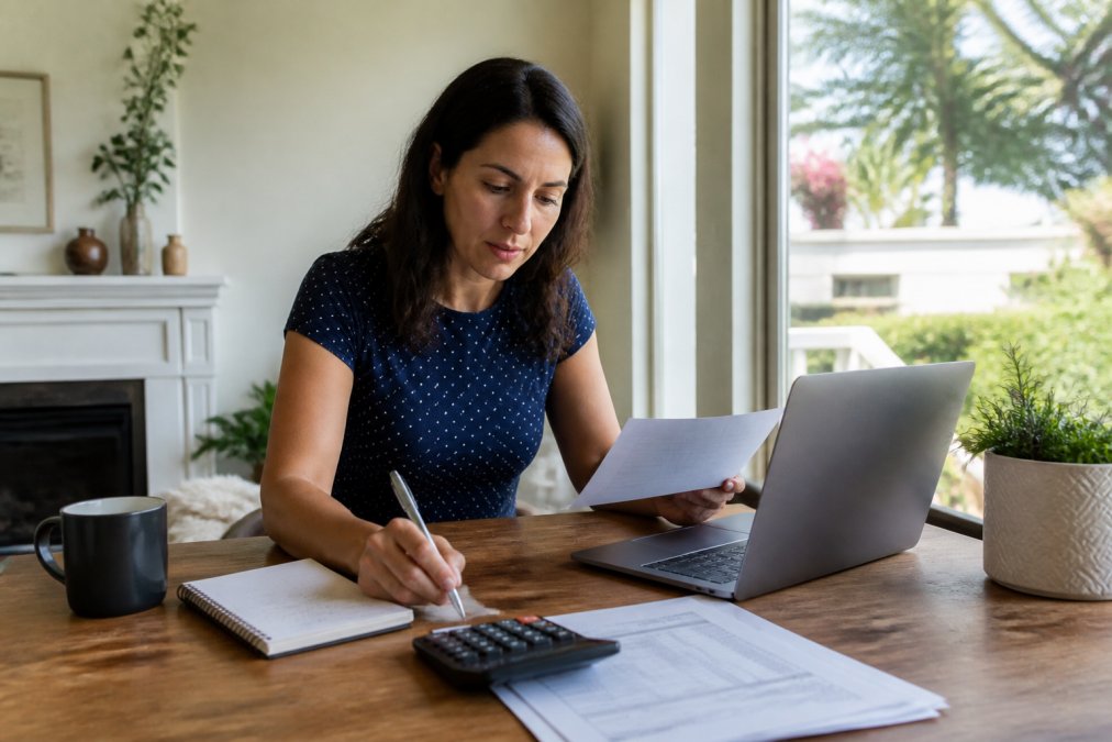 A freelancer working from a bright home office in California, reviewing financial documents on a laptop with a notebook and calculator beside them, natural window light