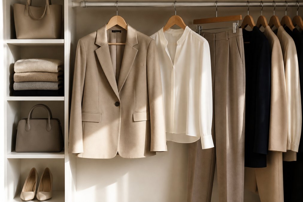 A neatly organised wardrobe in neutral tones, featuring a tailored blazer, silk blouse, and straight-leg trousers hanging on wooden hangers, with soft natural light streaming across the closet