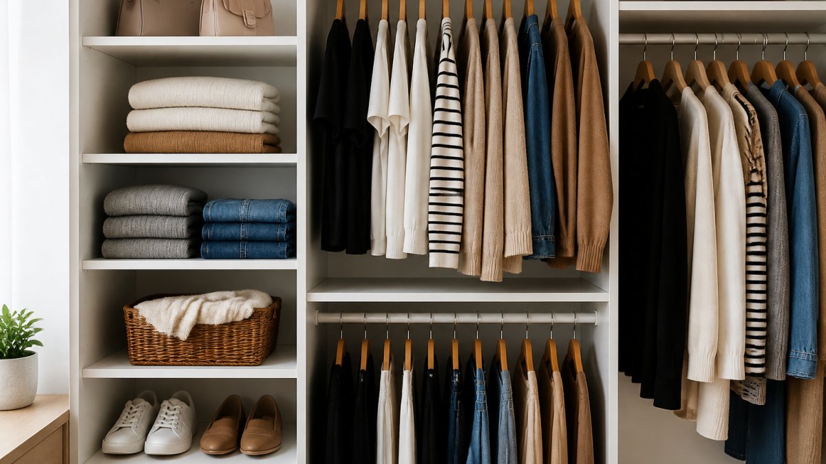 Organized closet showing a small collection of coordinated basics in neutral colors: folded sweaters, stacked tees, and hanging essentials neatly arranged on shelves and rails