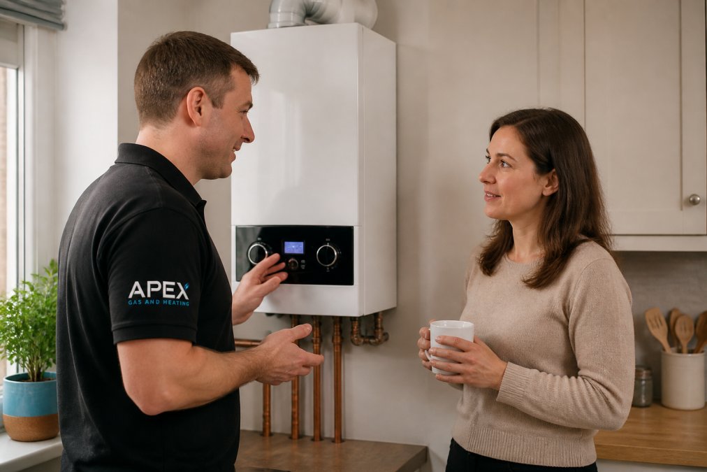 Close-up of a modern gas boiler mounted on a kitchen wall with visible venting pipes and control panel