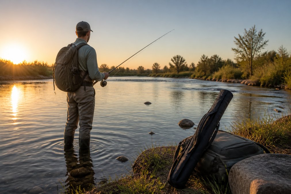 Angler in wading boots standing in shallow river at sunrise, holding a compact carbon travel rod with a foldable rod case and backpack visible on the bank, showing the portability setup and lightweight rod design in early morning light