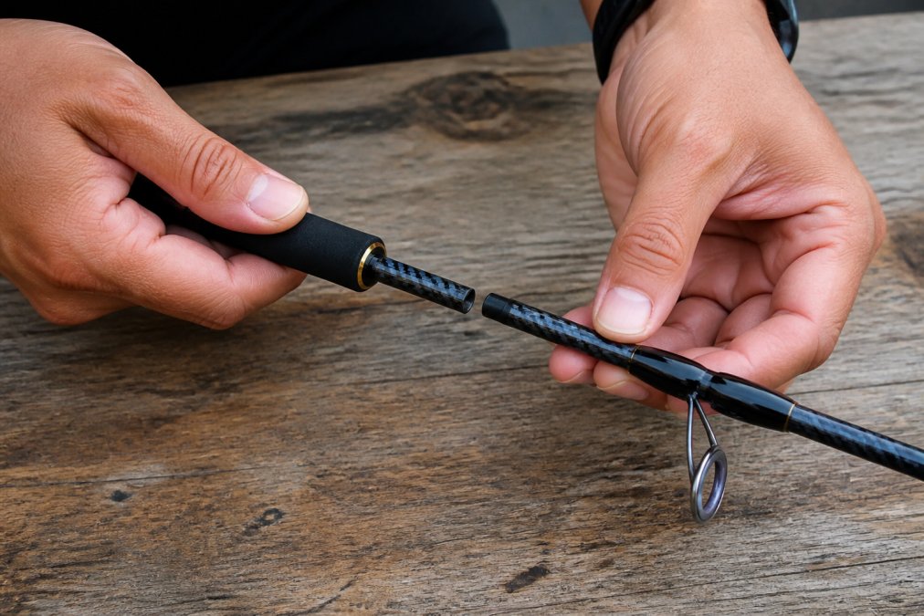 Hands carefully connecting two rod sections at ferrule joint, showing precise alignment of guides and ferrule connection with close-up detail of the male ferrule sliding into female ferrule on a workbench with soft lighting