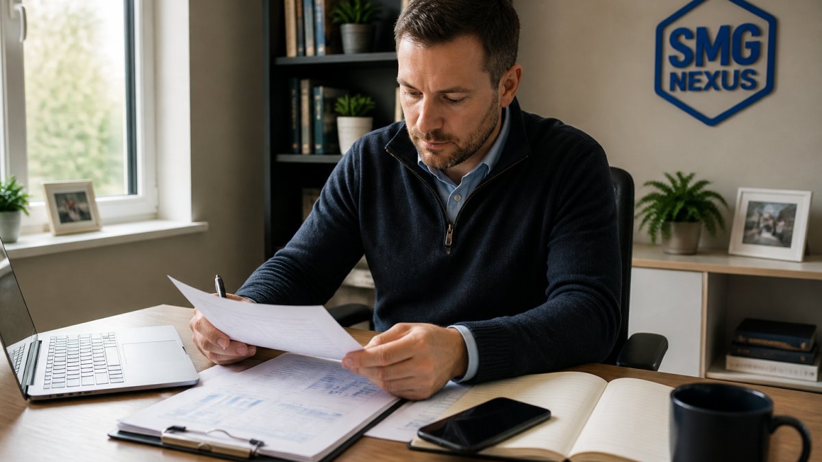 Financial planner reviewing client paperwork at a tidy desk in a bright home office during the working day