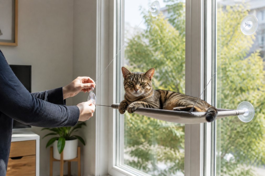 A person carefully adjusting the suction cups of a cat window hammock while a tabby cat relaxes nearby.