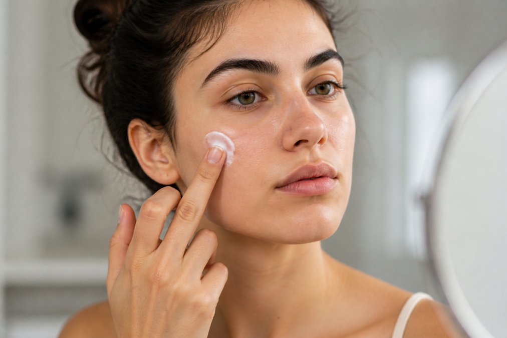Close-up of a person with clear, calm skin gently applying a pea-sized amount of white moisturizer cream to their cheek with a fingertip, soft natural bathroom lighting, minimal clean background