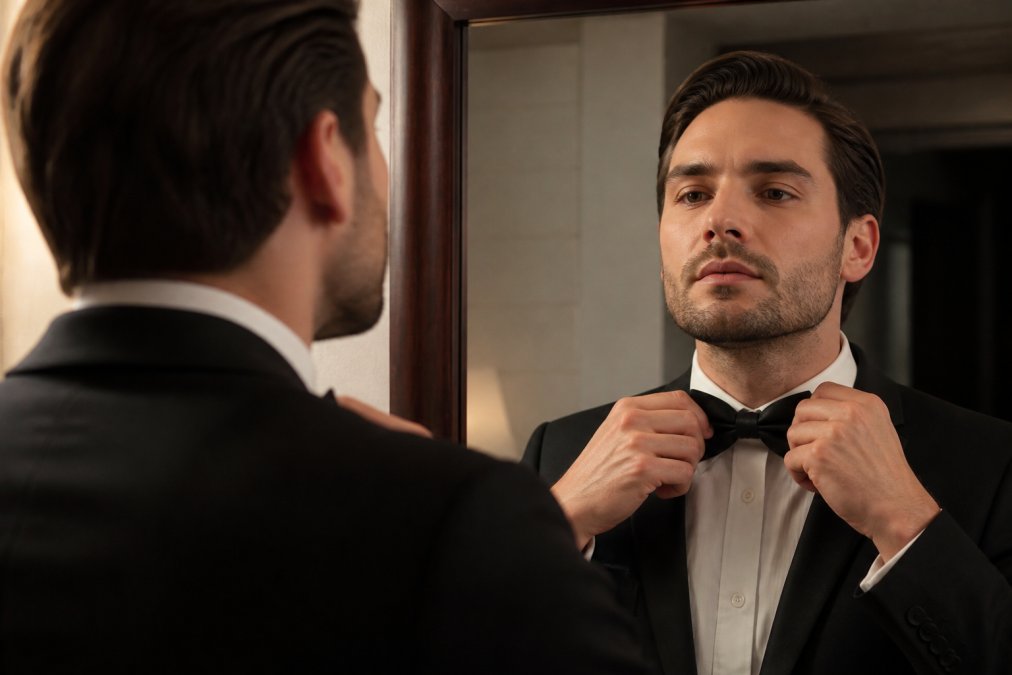 Man adjusting his crisp white shirt and stylish clip-on bow tie in a mirror while getting ready for a formal event.