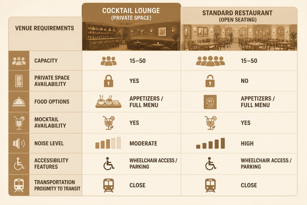 Decision matrix comparing venue requirements for team-building events: capacity 15-50 people, private space availability yes/no, food options appetizers/full menu, mocktail availability, noise level moderate/high, accessibility features wheelchair access/parking, transportation proximity to transit
