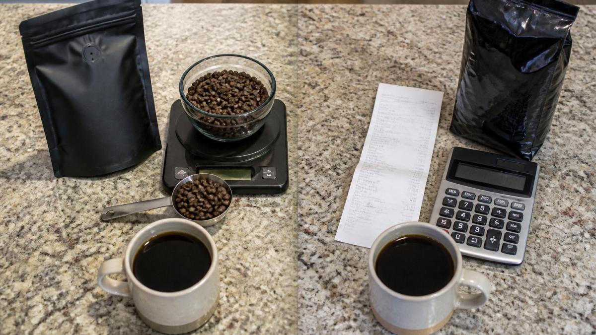 Coffee beans, a scale, and a mug on a counter next to a grocery receipt and calculator