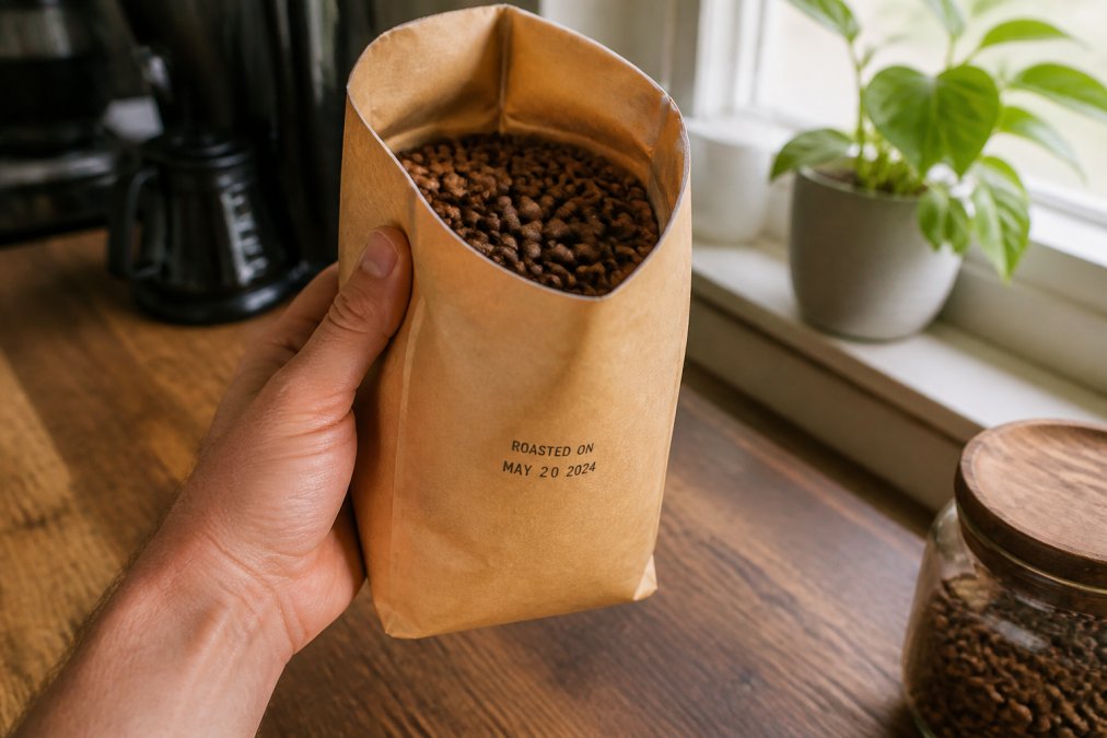 A hand holding an open kraft-paper bag of coffee beans near a bright window, the printed roast date label clearly visible on the bag