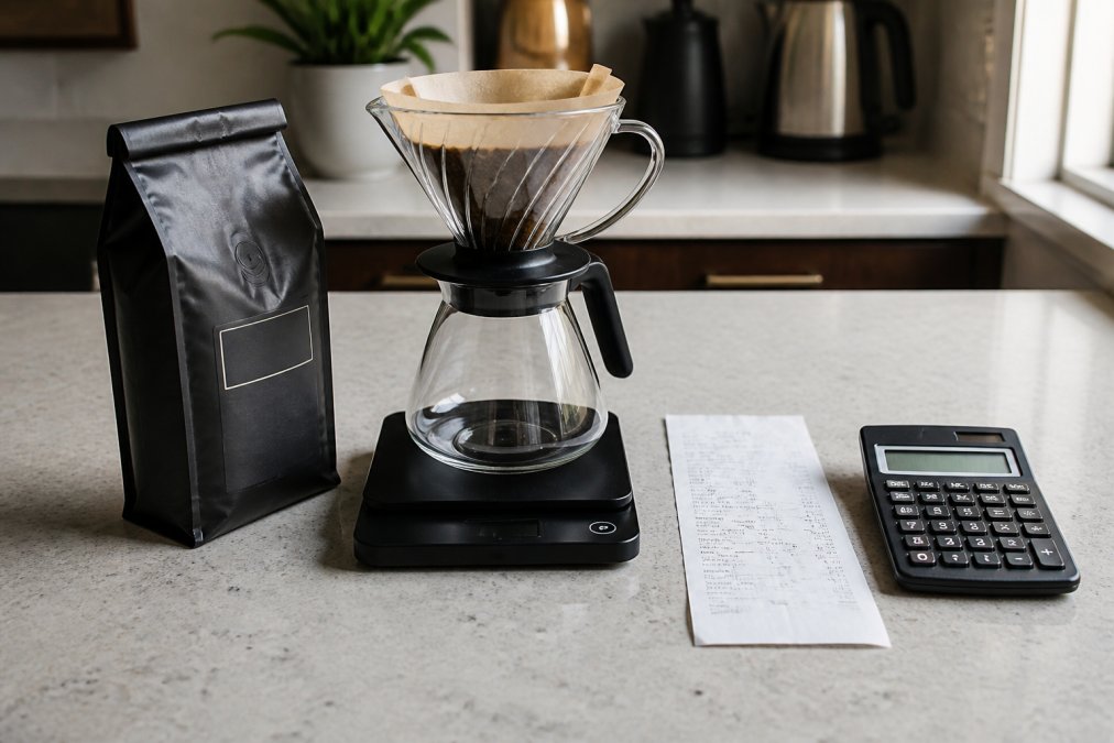 A kitchen counter with a bag of whole bean coffee, a digital scale, and a pour-over setup, next to a grocery store receipt and a calculator, natural morning light