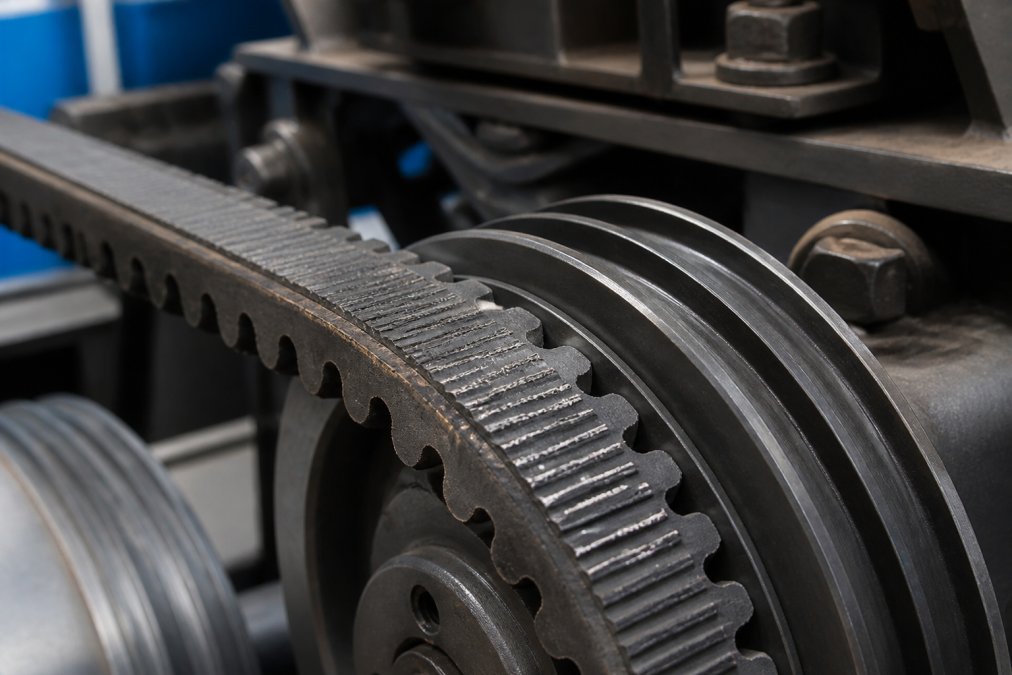 Close-up of raw-edge cogged belt with visible molded cogs and tensile cords installed on industrial machinery pulleys showing the cog profile engaging with sheave grooves
