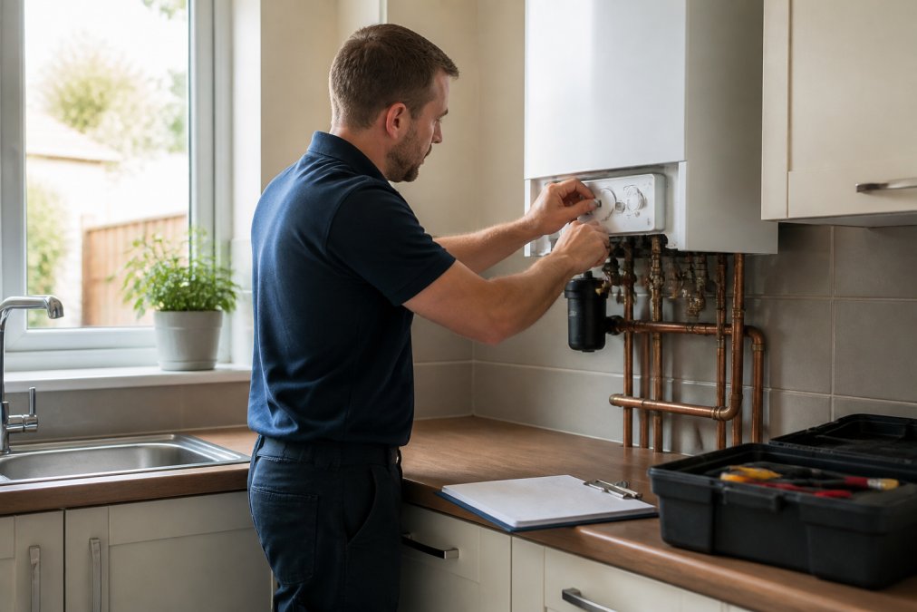 A Gas Safe registered heating engineer in a domestic kitchen inspecting a wall-mounted combi boiler with a toolbox and clipboard nearby, natural daylight through the window