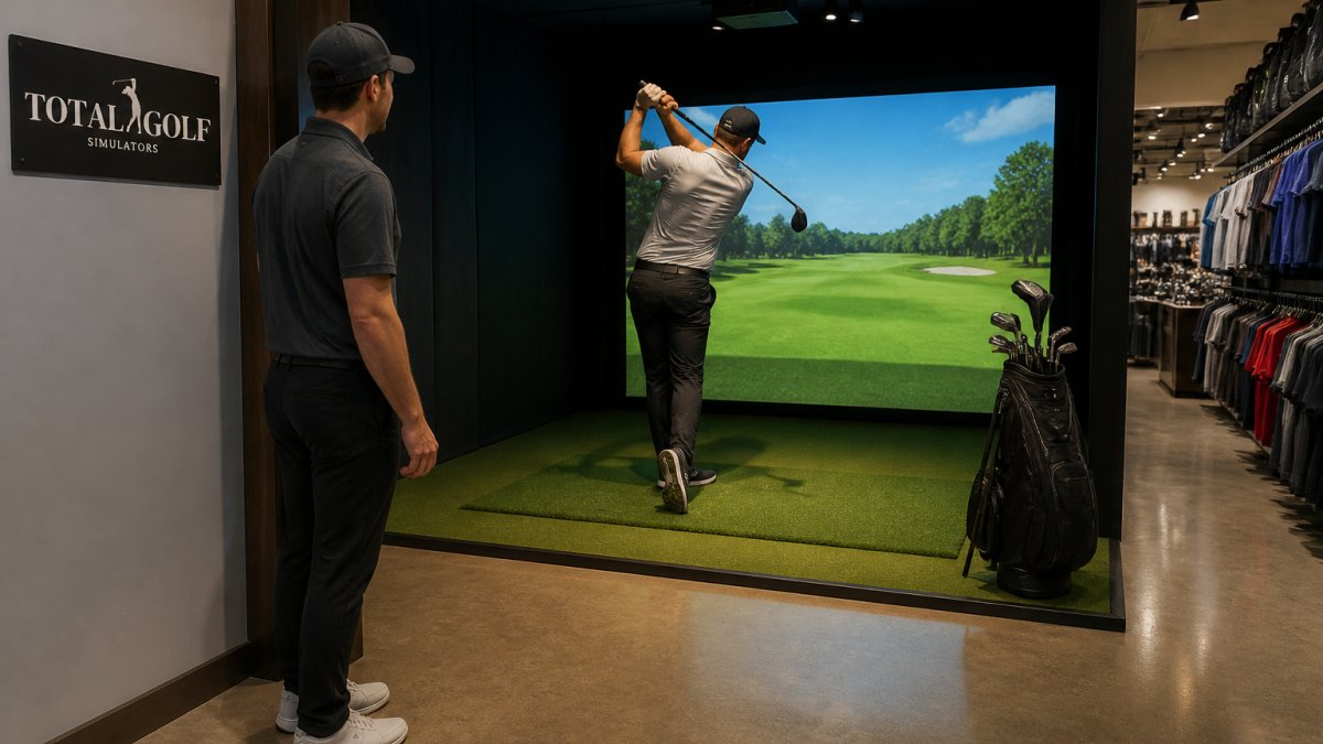 Golfer takes a swing in a commercial simulator bay while staff watches