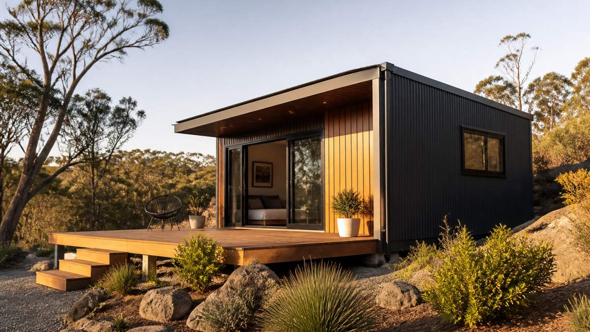 A compact steel-framed modular studio positioned on sloping regional WA land, with native landscaping and modern exterior cladding catching afternoon light