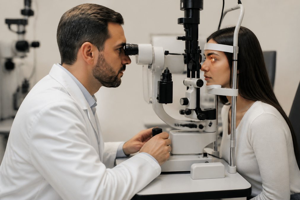 Optometrist performing a slit lamp examination on a patient in a modern clinical setting, with the doctor focused on the eyepiece and the patient positioned at the lamp under warm clinical lighting
