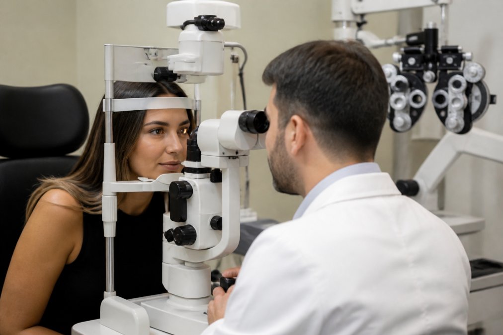 Patient receiving a comprehensive eye exam in an optometry office with advanced diagnostic equipment visible in the background, showing the patient seated at the examination equipment with warm clinical lighting