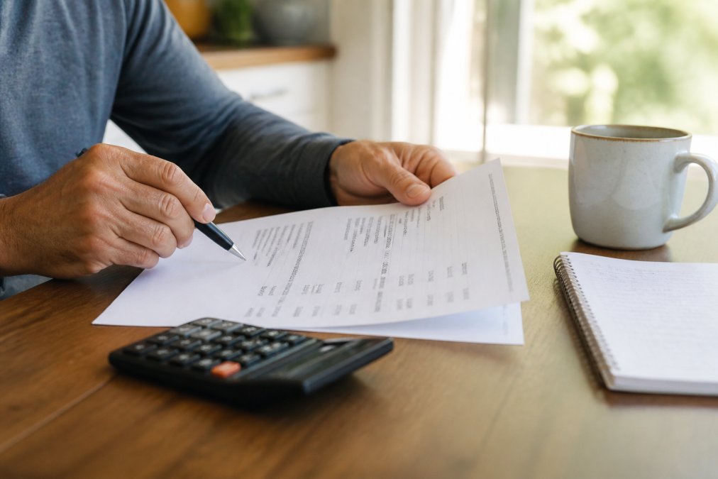 A close-up of a person's hands reviewing a settlement statement and a calculator on a kitchen table, with a coffee mug and notepad nearby, natural light coming through a window