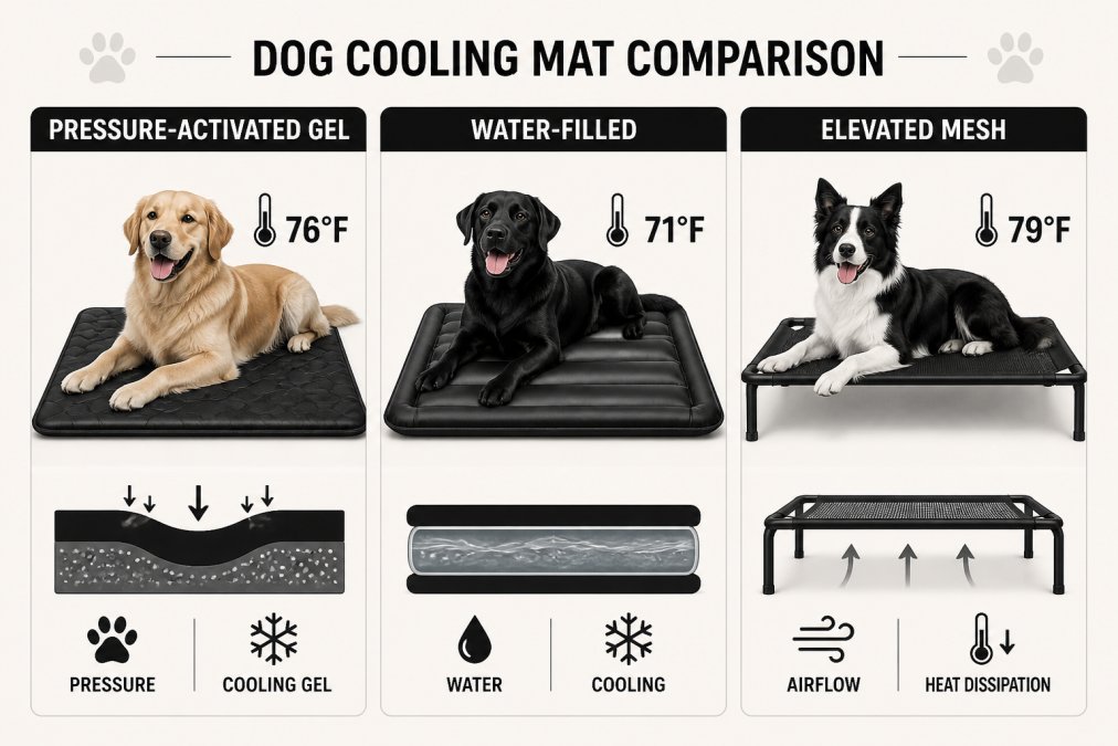 Comparison chart of three dog bed types showing surface temperature differences during use