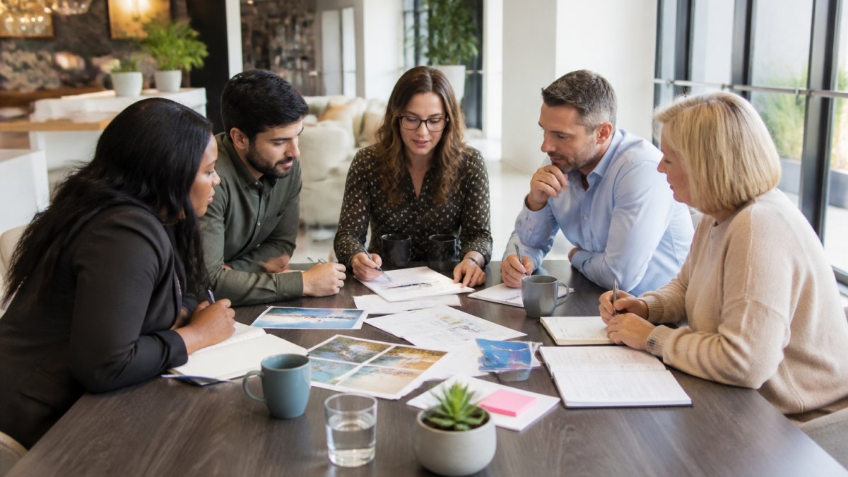 A diverse team of professionals gathered around a conference table in a bright modern office, reviewing retreat planning documents and discussing objectives with notepads and laptops