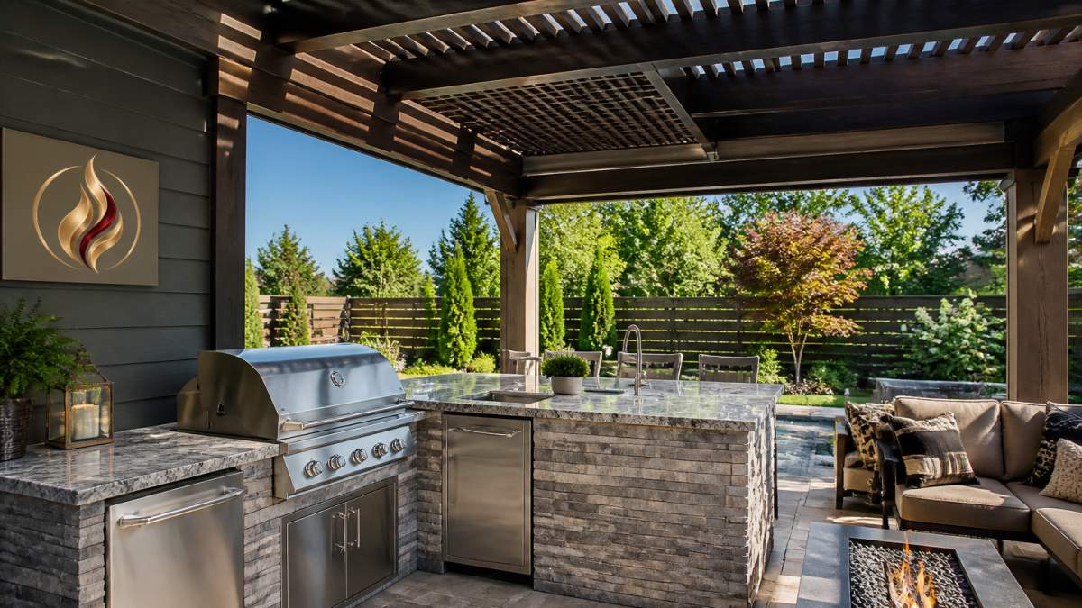 Modern covered outdoor kitchen with a pergola roof structure, showing a built-in stainless steel grill, granite countertop, and comfortable entertaining space underneath the cover on a sunny day with landscaping visible