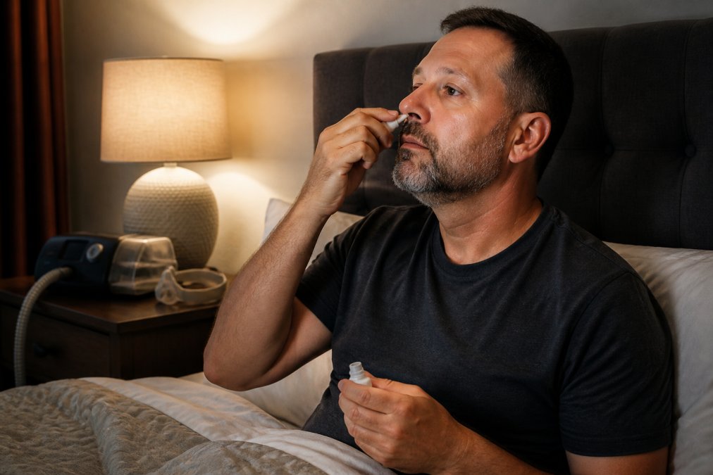 A person in a calm bedroom setting applying nasal gel before bed, with a CPAP machine visible on the nightstand, warm lamp light, realistic photography