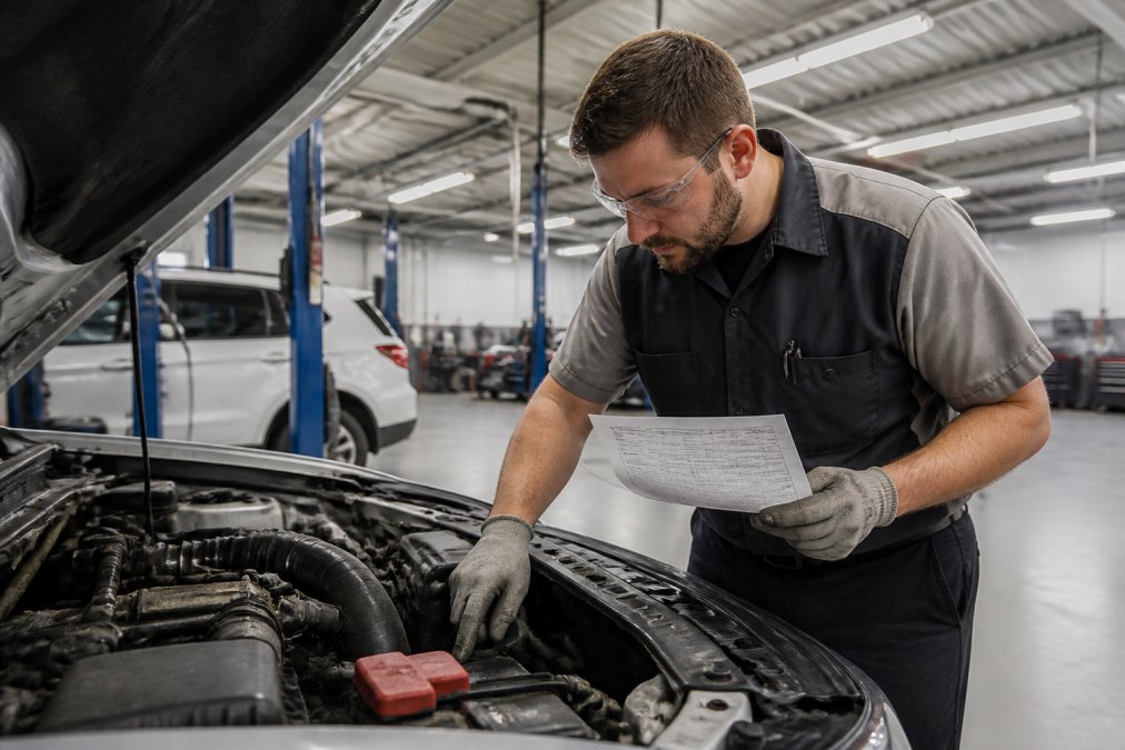 Certified technician in a service bay wearing work gloves, examining engine components with a detailed checklist in hand, fluorescent workshop lighting overhead