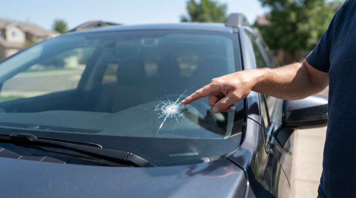 A hand points to a star-shaped crack on a cracked windshield to demonstrate how to assess damage size and location.