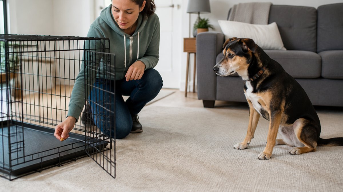 A person kneeling beside an open wire dog crate in a living room, placing a treat inside while a medium-sized mixed-breed rescue dog watches calmly from a few feet away