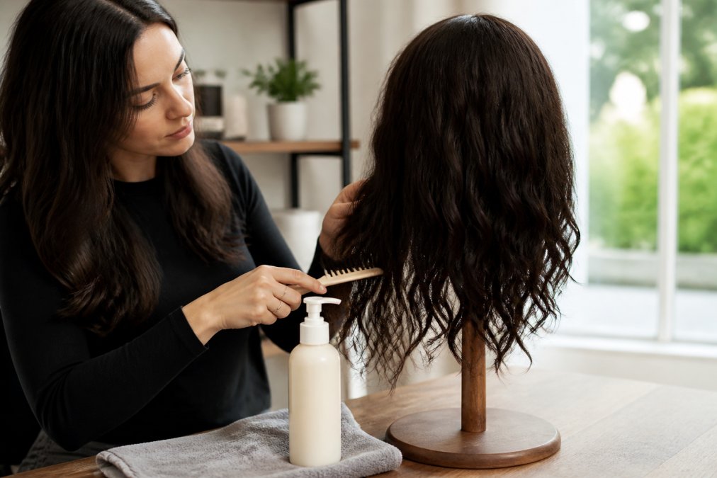 A woman carefully detangling a long, wavy human hair sheitel on a wooden wig stand in a brightly lit room, with sulfate-free shampoo and a wide-tooth comb on a nearby table
