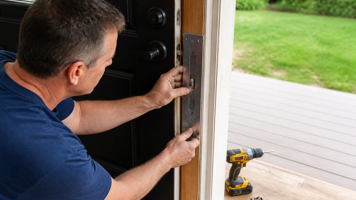 Homeowner using a cordless drill to install a steel reinforcement plate on a wooden door frame for extra security.