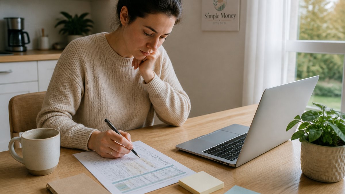 A person sitting at a kitchen table with a printed debt tracker, a pen, and a laptop open to a spreadsheet, morning light coming through a window