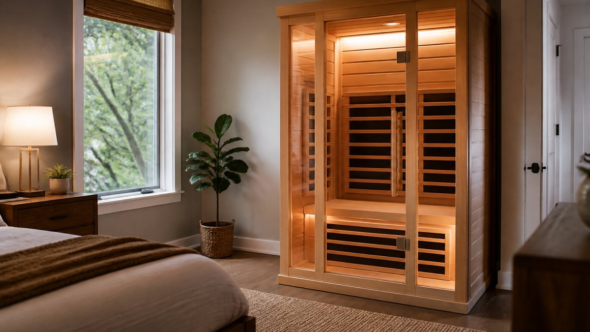 Compact home wellness room featuring a 2-person infrared sauna in a bedroom corner with warm wooden tones, soft ambient lighting, and minimal clutter showing how premium wellness equipment integrates into residential space