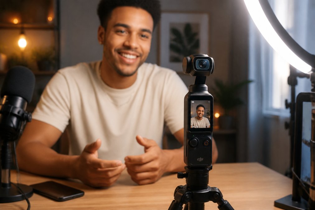Professional content creator sitting at a streaming desk with a dedicated camera mounted on a tripod, the camera's display screen visible and gimbal stabilization clearly shown, with soft ring lighting illuminating the workspace