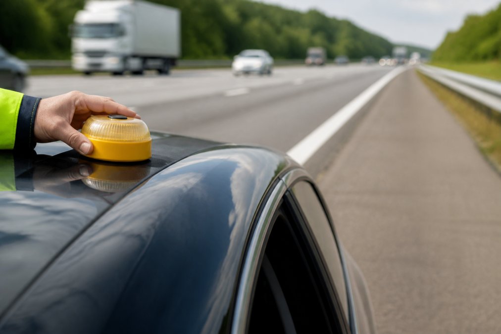 Is a DGT 3.0 Beacon Worth It for Tourists? (2026 Guide) Close-up of a hand placing a small yellow V16 beacon on the roof of a car parked on the hard shoulder of a motorway, with traffic blurred in the background