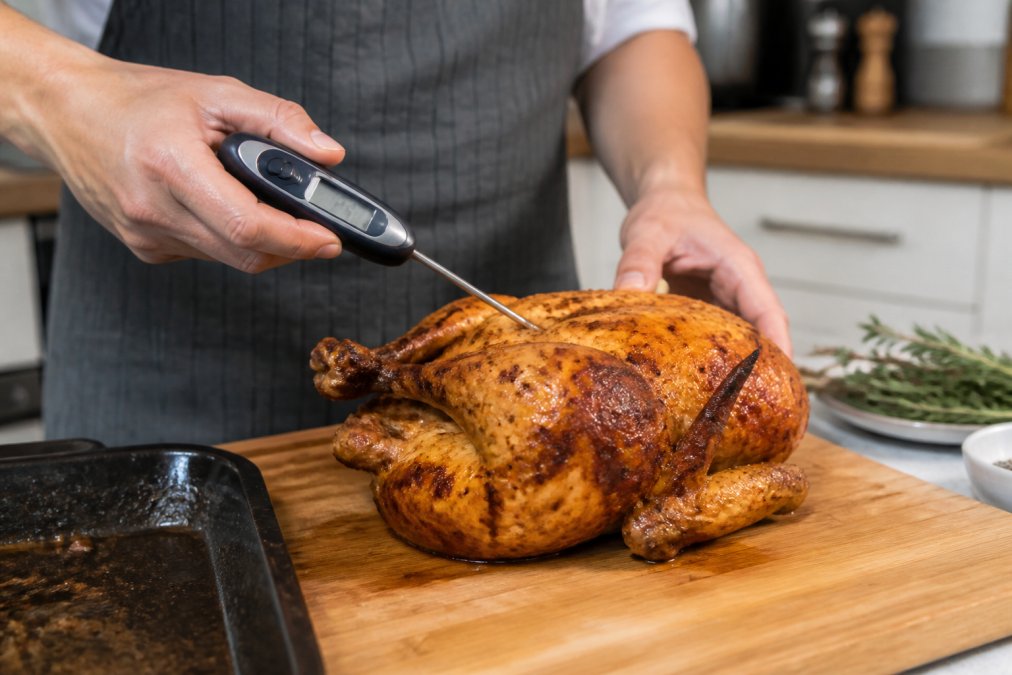 Close-up of hands inserting a digital meat thermometer into a roasted chicken on a cutting board in a home kitchen