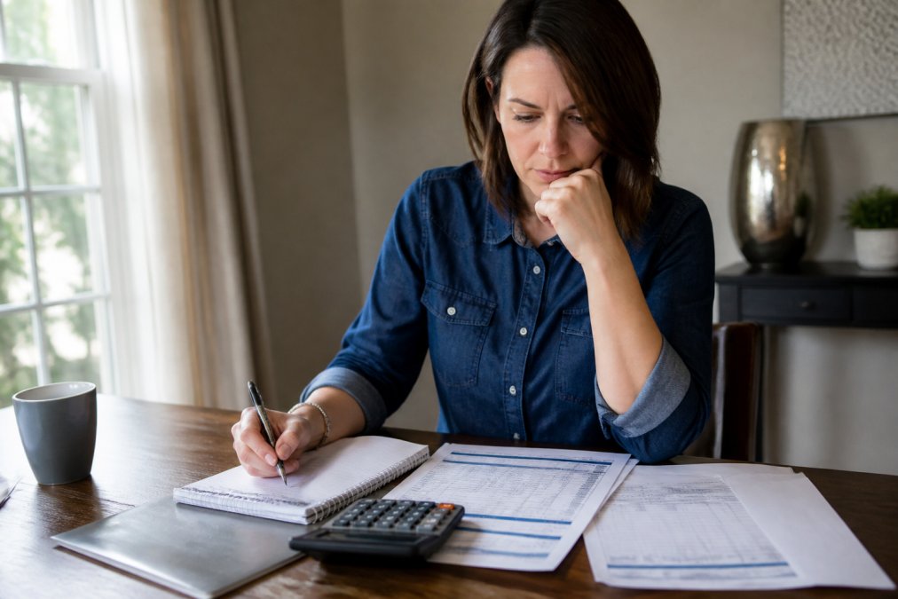Person seated at a desk reviewing financial documents and spreadsheets with a calculator and pen, looking thoughtful with soft natural light from a nearby window