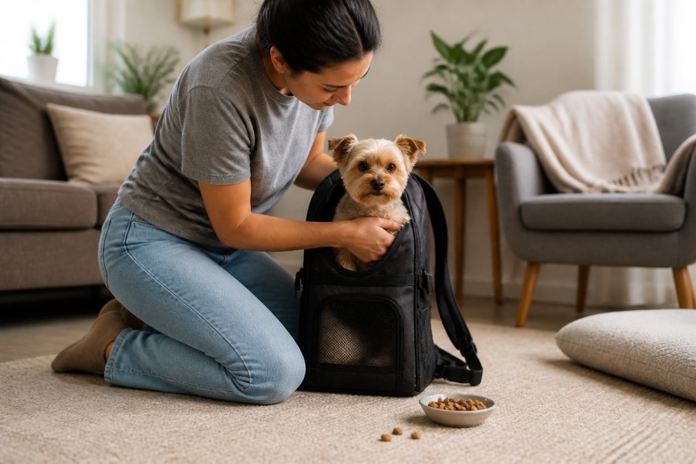 A person kneeling on a living room floor, gently placing a small dog into a front-facing backpack carrier with mesh panels, treats visible on the floor nearby, warm natural light