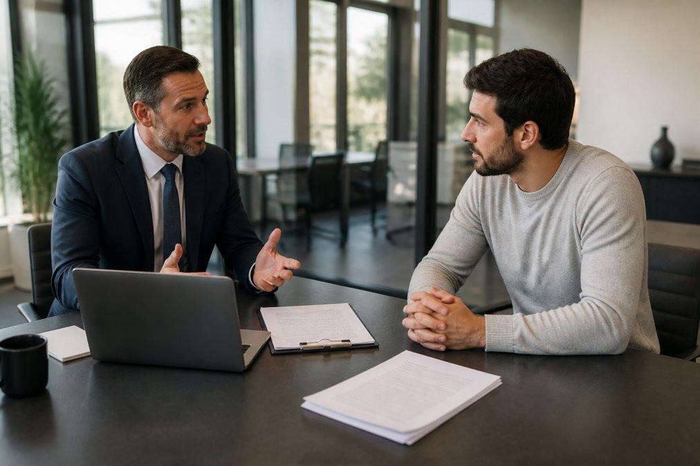 Lending officer in professional attire discussing loan terms and documents with a real estate investor client across a modern conference table in a bright financial services office, with loan documents and a laptop visible