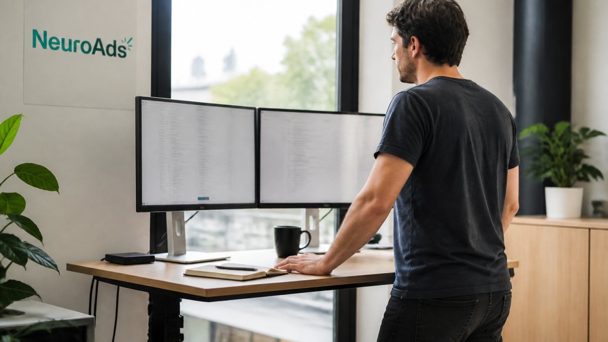 Paid media manager reviewing DTC AI advertising metrics on dual monitors at a bright office desk