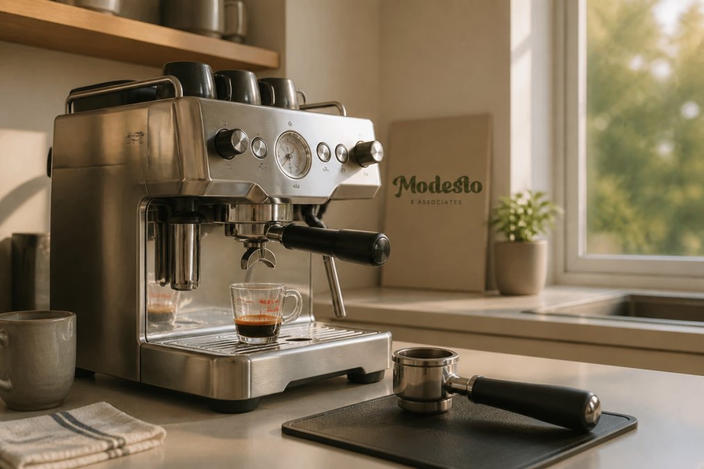 A stainless steel dual boiler espresso machine on a home kitchen counter, portafilter resting on a black tamping mat, digital display showing brew temperature, small glass shot pitcher under the group head, warm morning light from a window