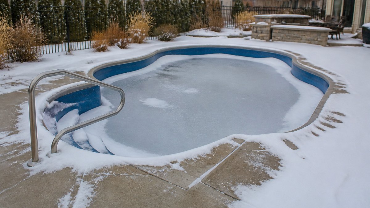 Infographic showing how freeze-thaw cycles affect fiberglass pools in Northeast Ohio during winter